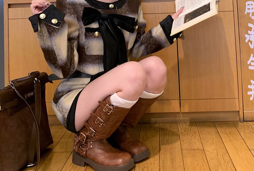 Bow Rise Accent Pencil Skirt High Crew Mini Neck / Contrast Button-Up Crop Jacket Trim Plaid