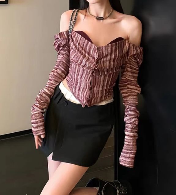 Long-Sleeve Off Shoulder Sweetheart Neckline Crop Top