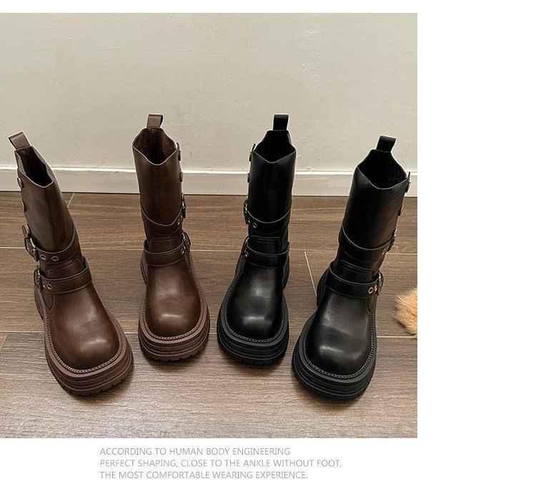 Leather Faux Plain Short Platform Boots Buckled
