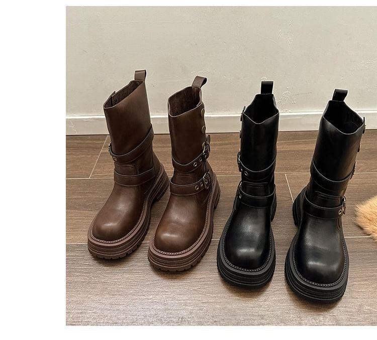 Leather Faux Plain Short Platform Boots Buckled