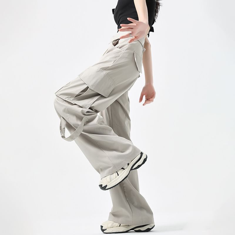 High Waist Folded Waistline Plain Straight-Fit Wide-Leg Cargo Pants