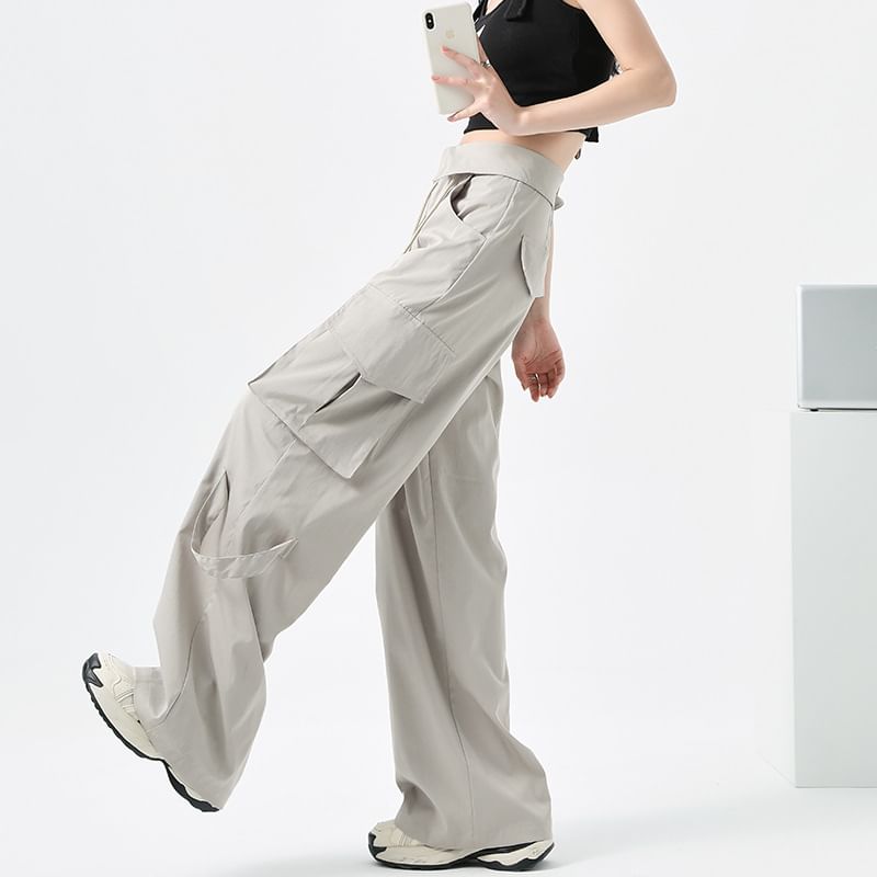 High Waist Folded Waistline Plain Straight-Fit Wide-Leg Cargo Pants