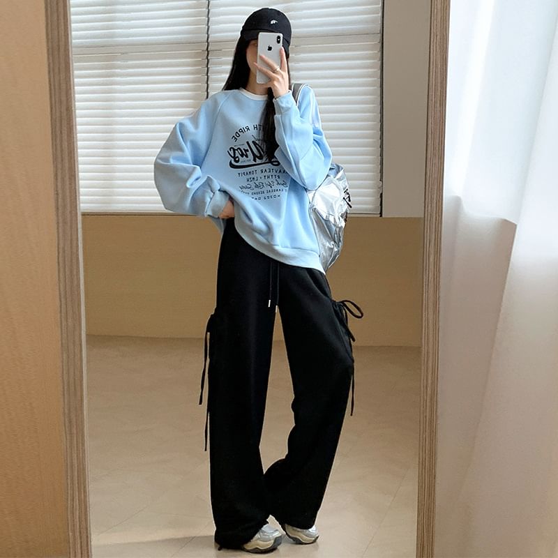 High Rise Plain Bow Accent Loose-Fit Wide-Leg Sweatpants