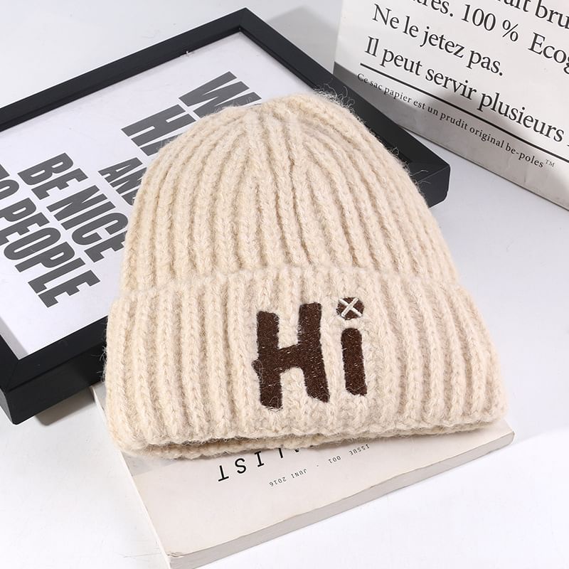 Knit Embroidered Lettering Beanie