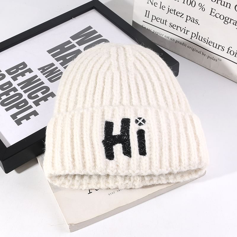 Knit Embroidered Lettering Beanie