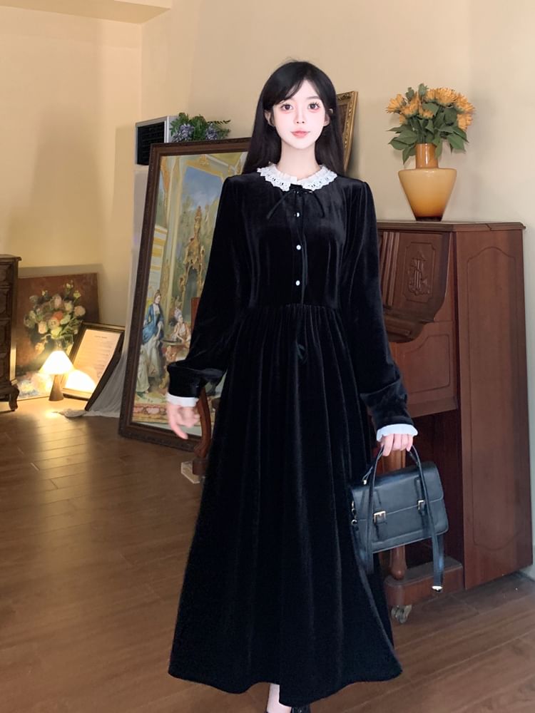 Long Sleeve Peter Pan Collar Lace Trim Velvet Midi A-Line Dress