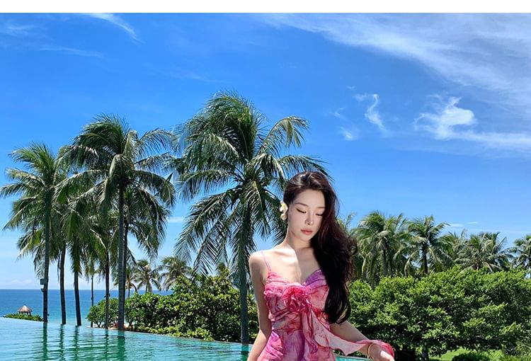 Sundress Strap Spaghetti A-Line Midi Trim Accent Flower Ruffle Tie Dye