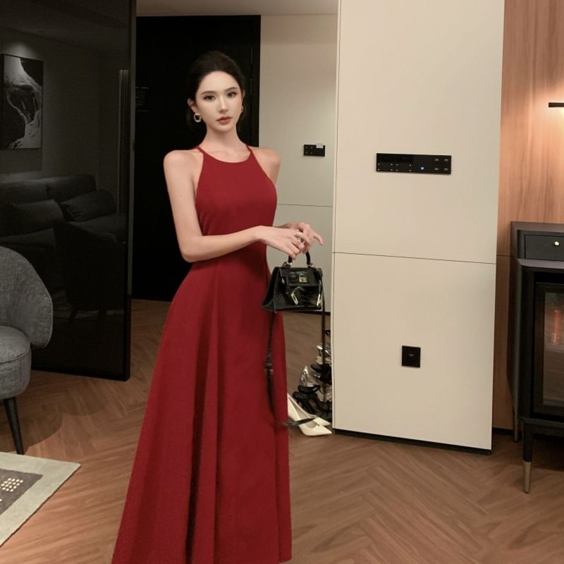 Dress Plain Strap Spaghetti A-Line Midi