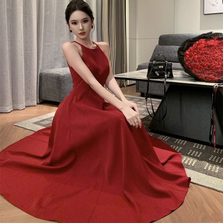 Dress Plain Strap Spaghetti A-Line Midi