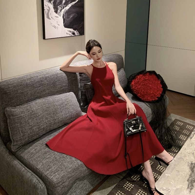 Dress Plain Strap Spaghetti A-Line Midi