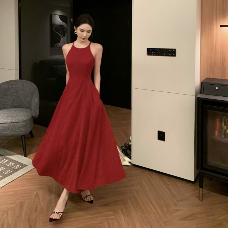 Dress Plain Strap Spaghetti A-Line Midi