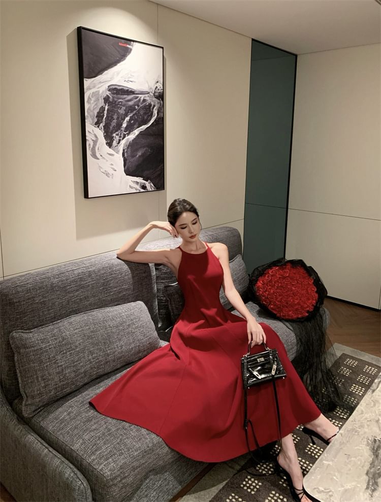 Dress Plain Strap Spaghetti A-Line Midi