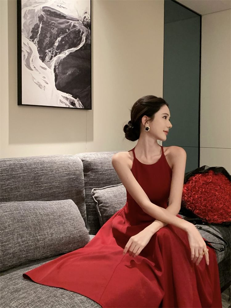 Dress Plain Strap Spaghetti A-Line Midi