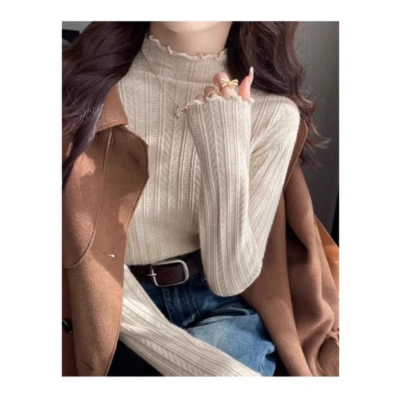 Edge Knit Long-Sleeve Lettuce Mock Neck Top Plain