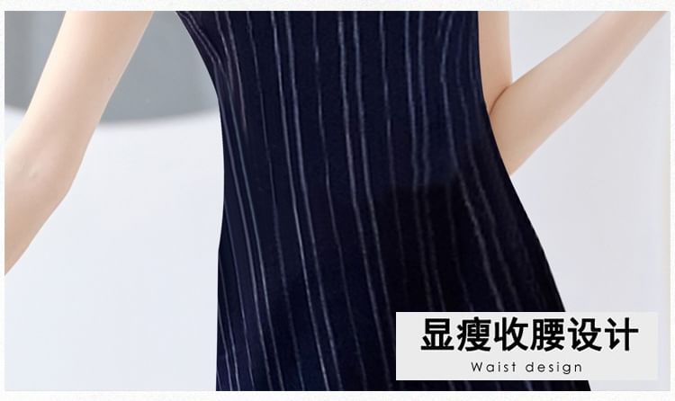 Flared-Sleeve Plain Pointelle Knit Long Cardigan / Sleeveless Striped Maxi Qipao / Set