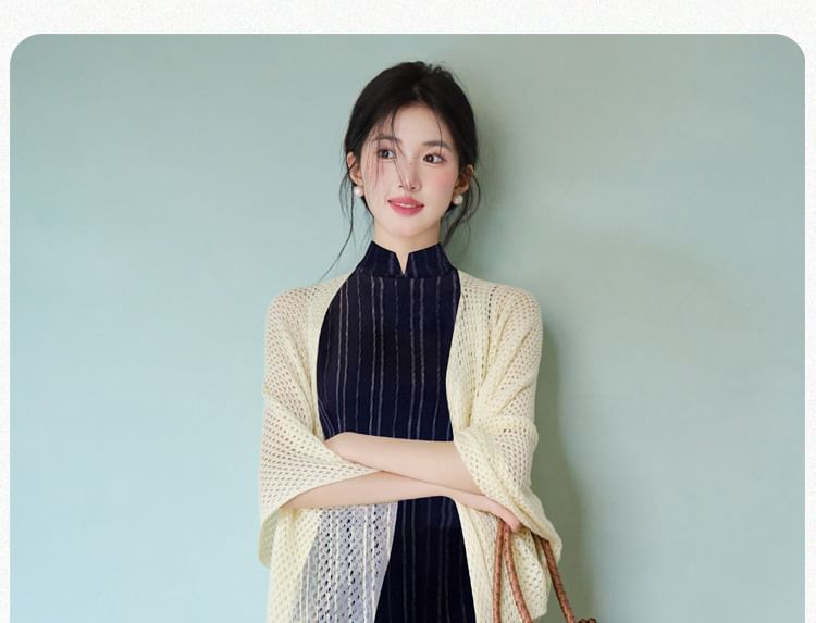 Flared-Sleeve Plain Pointelle Knit Long Cardigan / Sleeveless Striped Maxi Qipao / Set