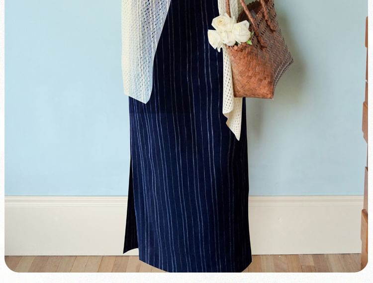 Flared-Sleeve Plain Pointelle Knit Long Cardigan / Sleeveless Striped Maxi Qipao / Set