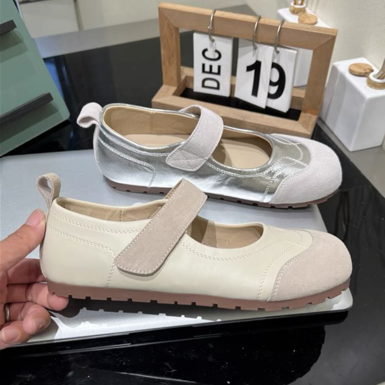 Round Adhesive Faux Jane Toe Strap Leather Mary Shoes