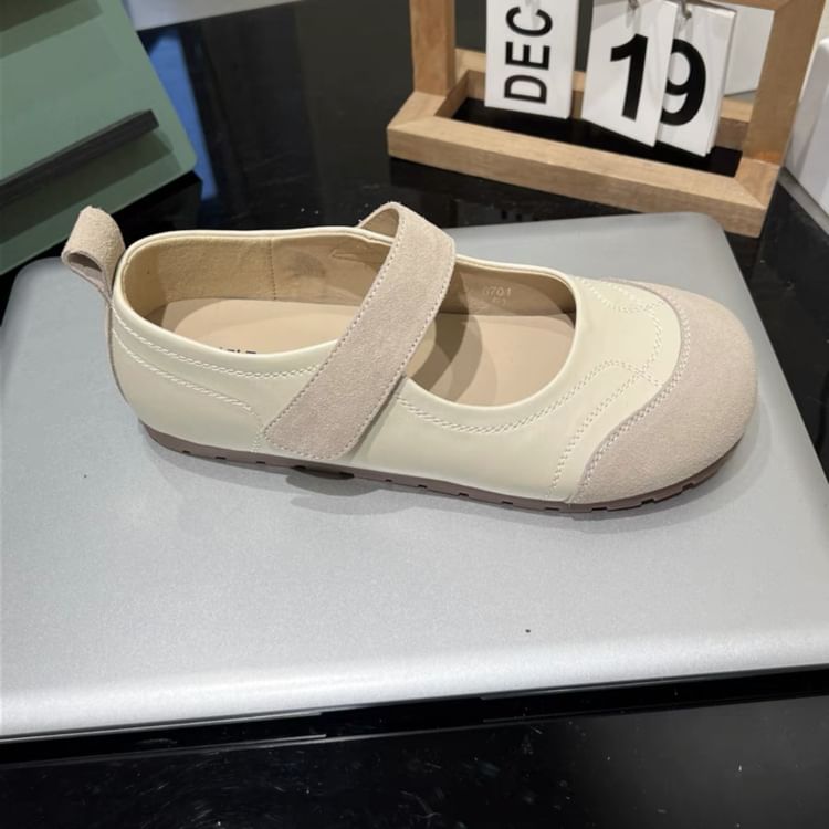 Round Adhesive Faux Jane Toe Strap Leather Mary Shoes