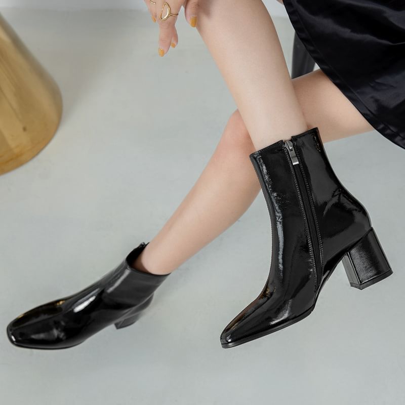 Chunky Boots Heel Patent Short Leather Plain Zip-Up