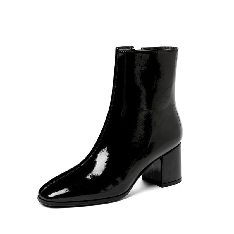 Chunky Boots Heel Patent Short Leather Plain Zip-Up