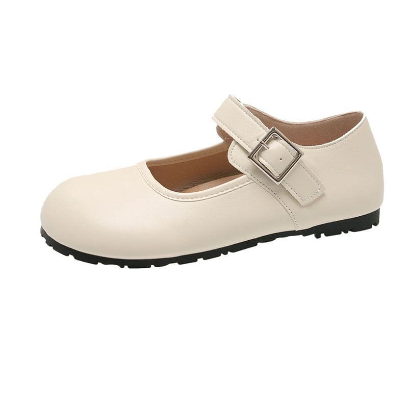 Flats Round Jane Plain Toe Mary Leather Buckled Faux