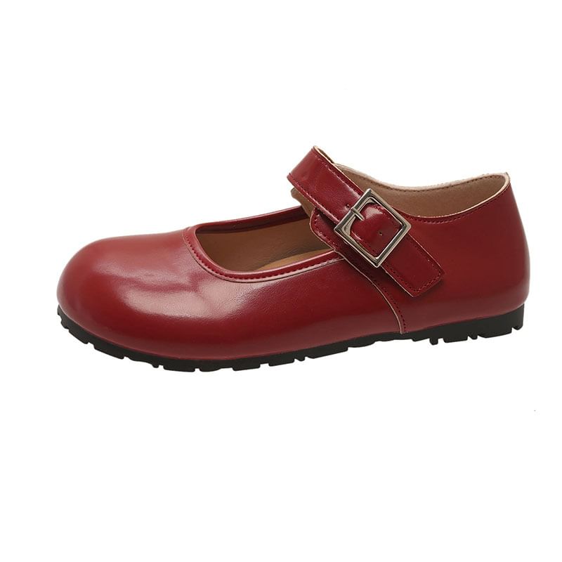 Flats Round Jane Plain Toe Mary Leather Buckled Faux