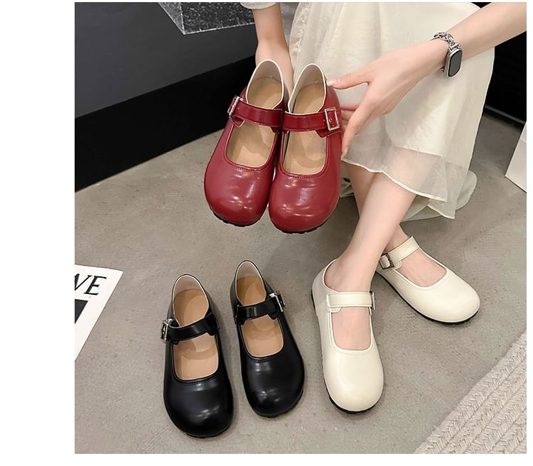 Flats Round Jane Plain Toe Mary Leather Buckled Faux