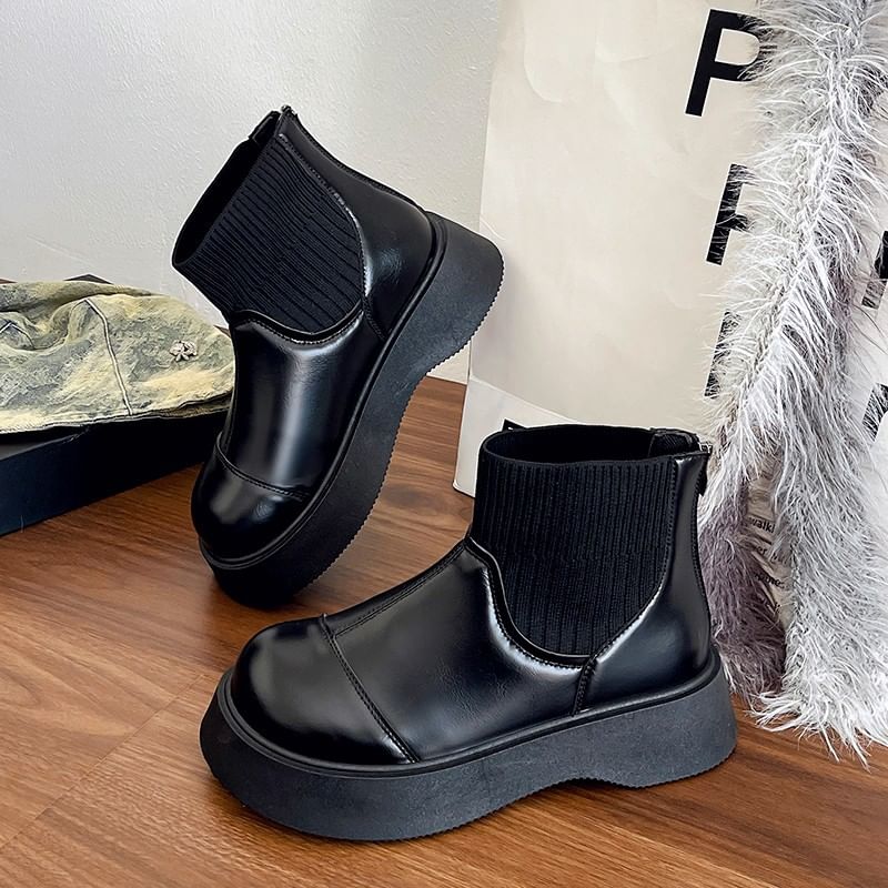 Faux Sock Platform Leather Plain Short Boots