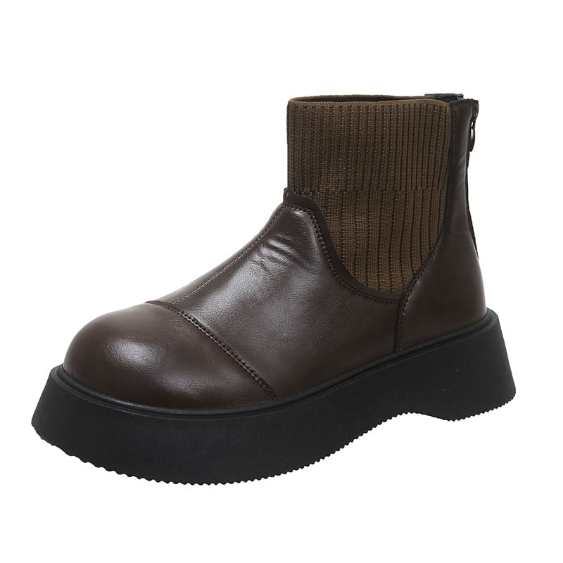 Faux Sock Platform Leather Plain Short Boots