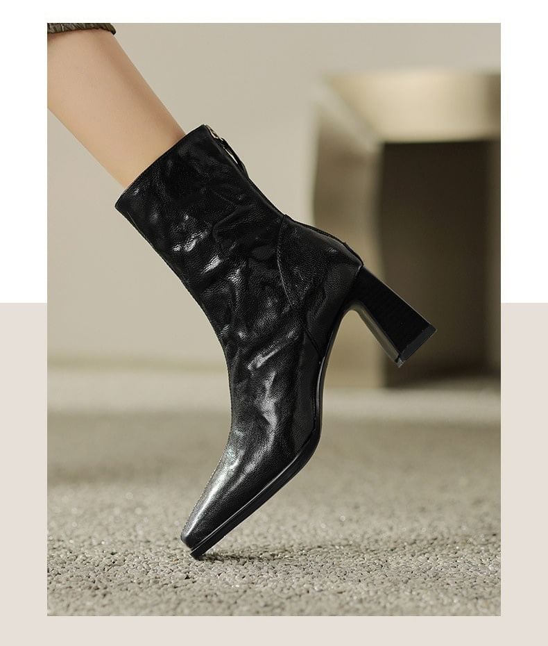 Short Zip Square Block Toe Boots Heel