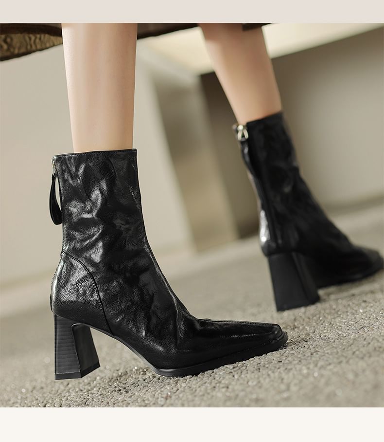 Short Zip Square Block Toe Boots Heel