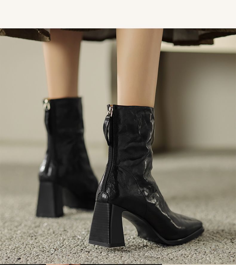 Short Zip Square Block Toe Boots Heel