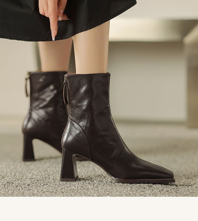 Short Zip Square Block Toe Boots Heel