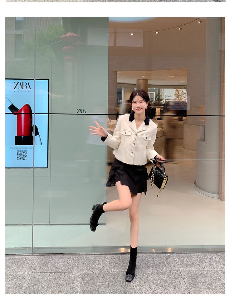 Heel Bow Short Boots Block Glitter Square Sock Toe