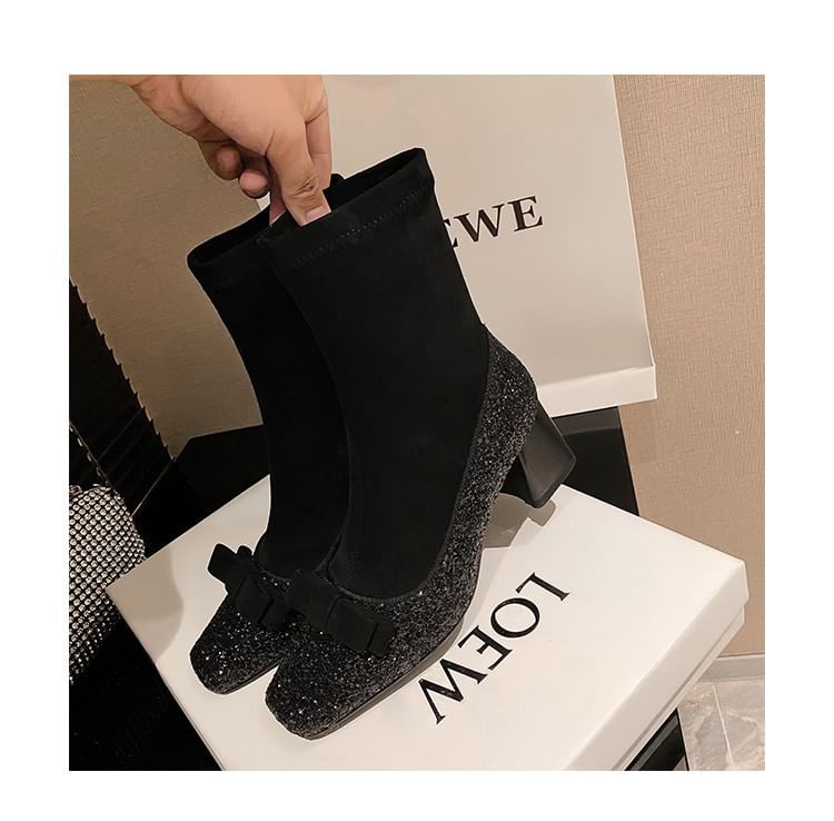 Heel Bow Short Boots Block Glitter Square Sock Toe