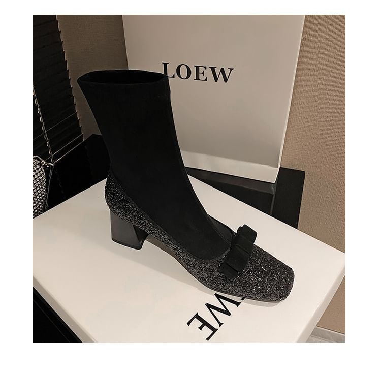 Heel Bow Short Boots Block Glitter Square Sock Toe