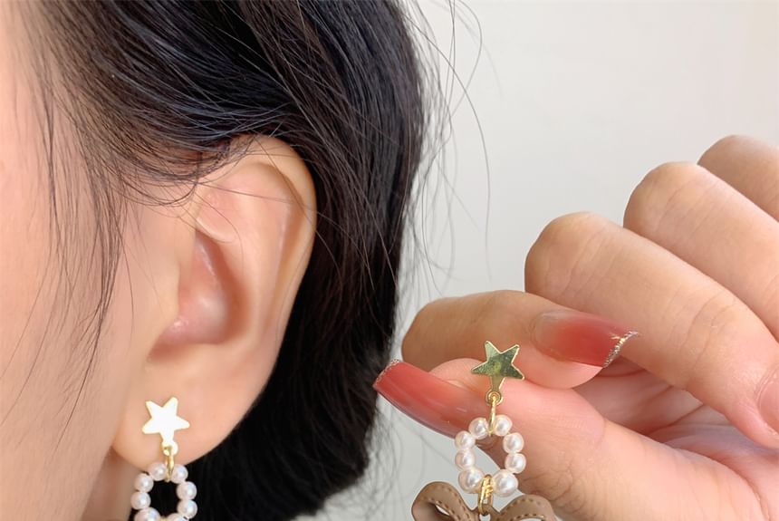 Pearl Bow / Faux Pom Earring Drop Clip-On