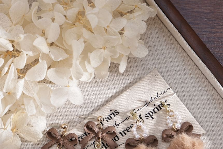 Pearl Bow / Faux Pom Earring Drop Clip-On