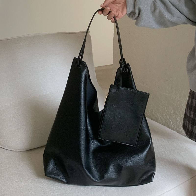 Faux Tote Leather Plain With Bag Pouch