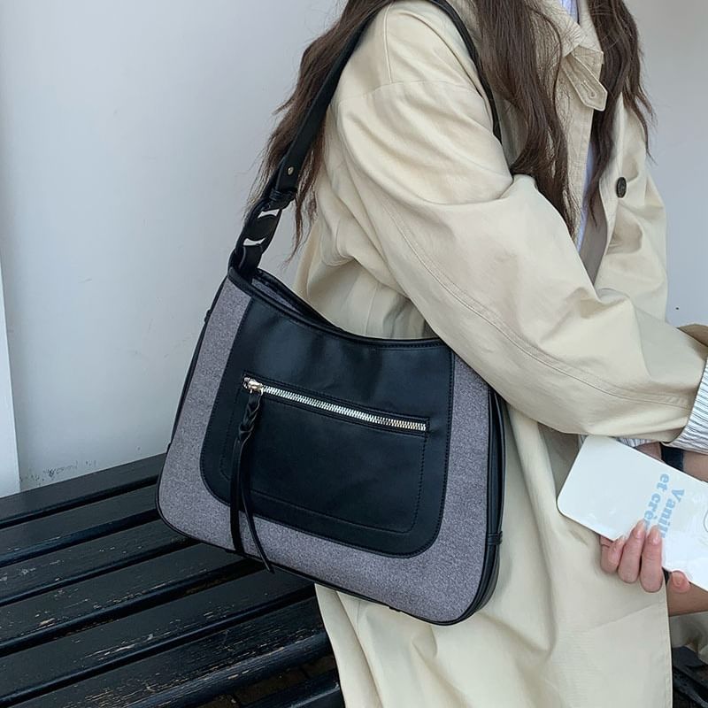 Bag Faux Panel Leather Shoulder Zip