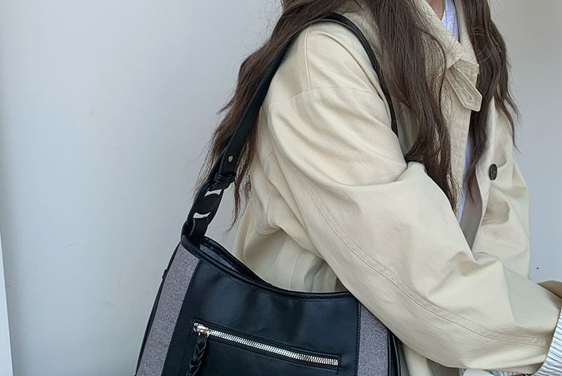 Bag Faux Panel Leather Shoulder Zip