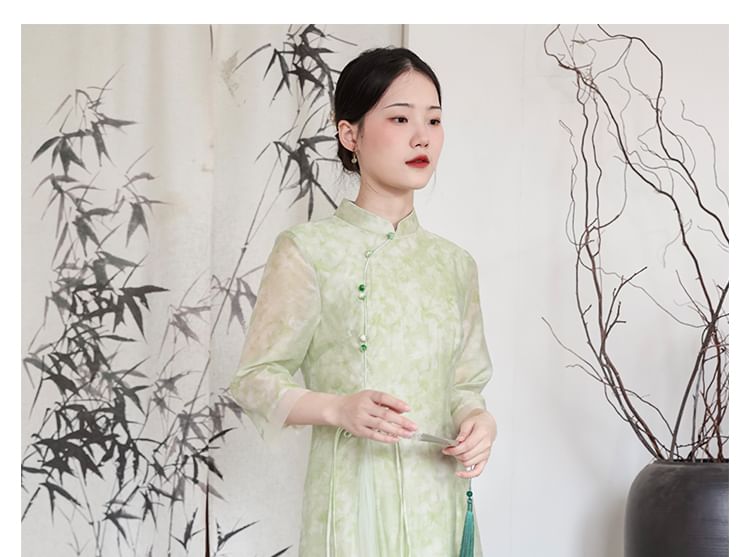 Traditional Chinese Long-Sleeve Print Maxi A-Line Dress / Pants