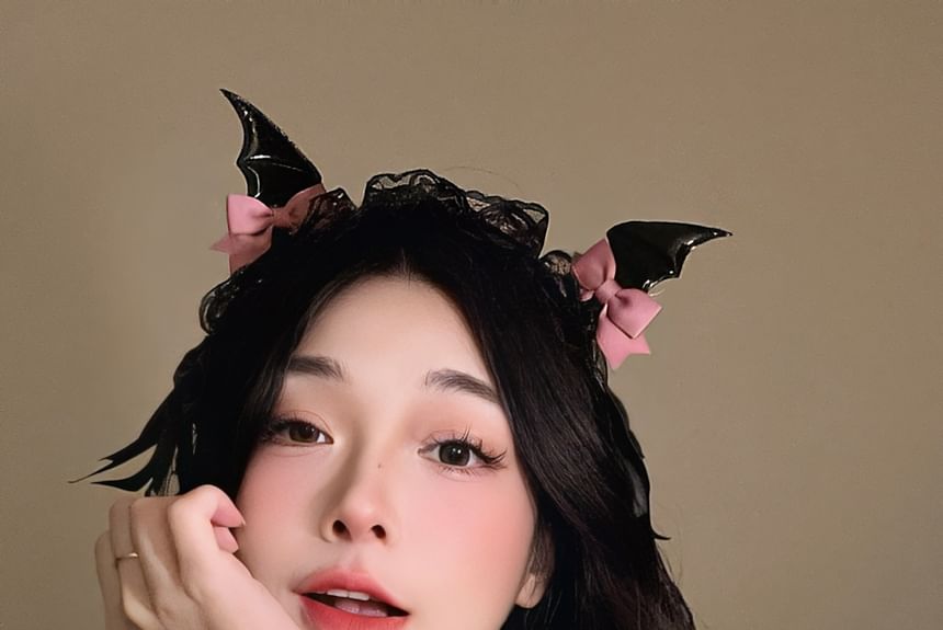 Set:  Halloween Devil Wings Bow Hair Clip + Lace Headband