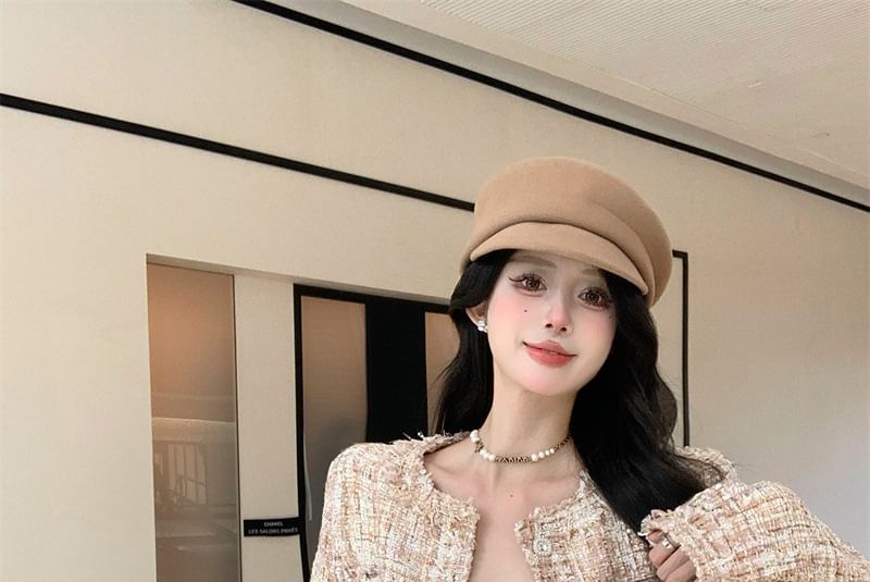 Neck Round Button Tweed Jacket Cropped