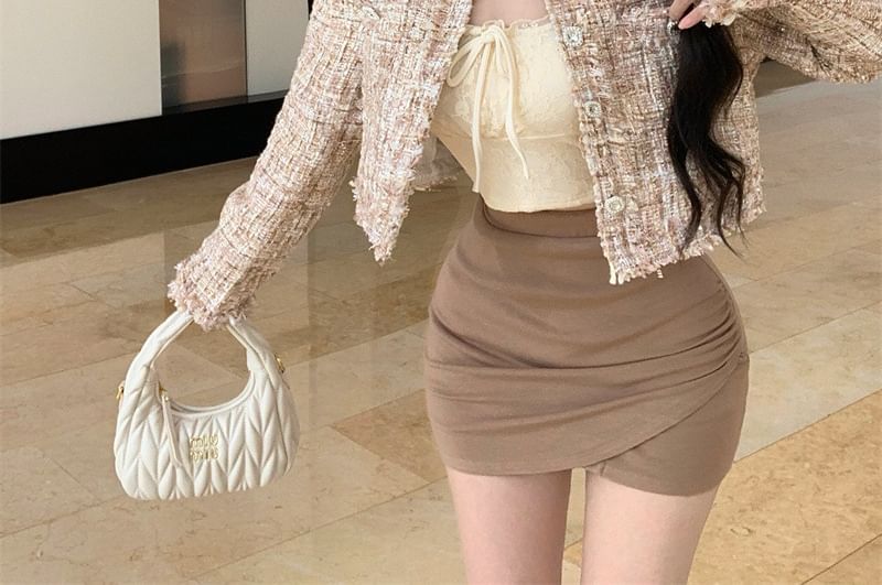 Neck Round Button Tweed Jacket Cropped