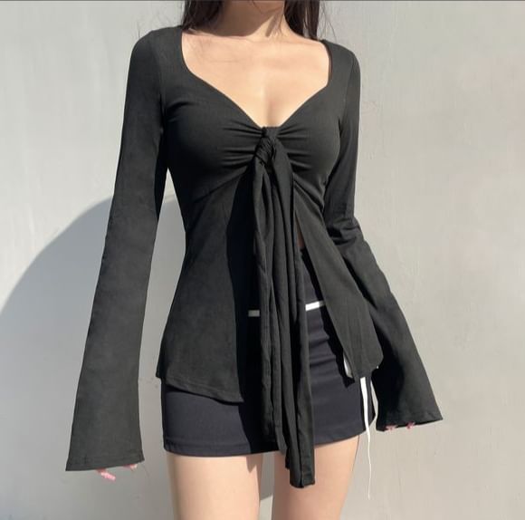 Long Top V-Neck Plain Crop Sleeve Tie-Front