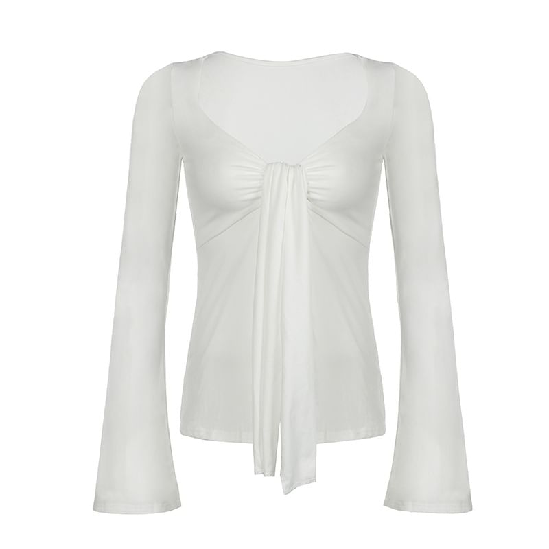 Long Top V-Neck Plain Crop Sleeve Tie-Front