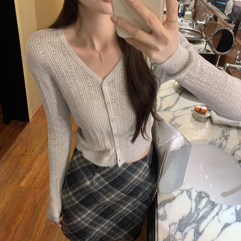 Button-Up Cardigan Plain V-Neck