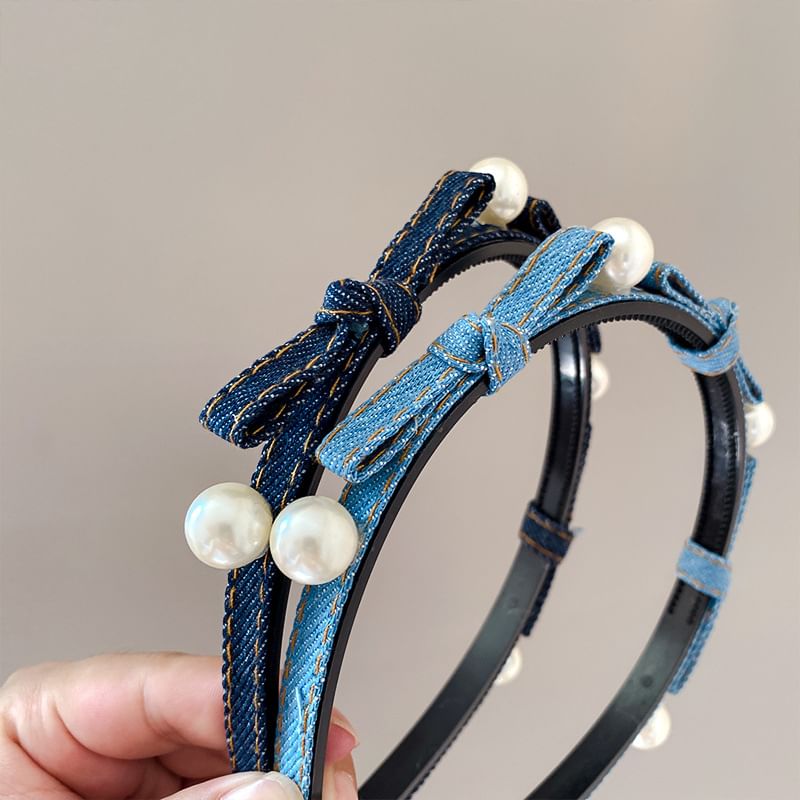 Beaded Ribbon Denim Headband